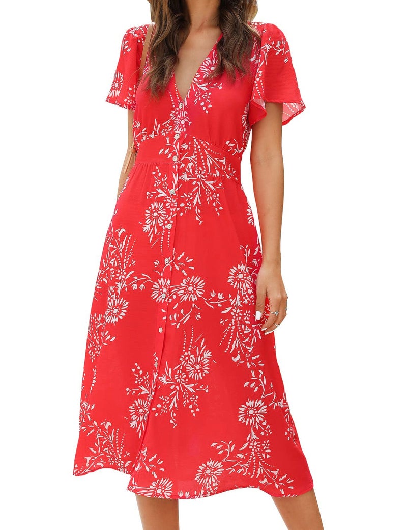 ROYLAMP Women's Floral Button Up Split Dress Deep V Short Bell Sleeve Casual Midi Dress with Pockets White Flowers Red L - Image 1